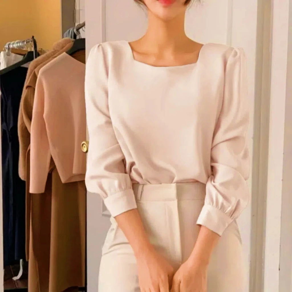 Solid Puff Square Collar Blouse for Women/Casual Loose Fitted Style.