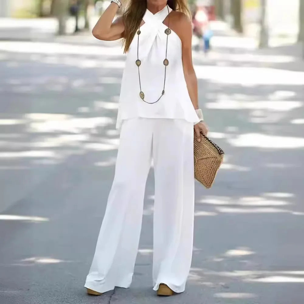 Effortlessly Halter Neck Solid Color Sleeveless Suit Wide Leg Pants Trousers Two-piece Suit.