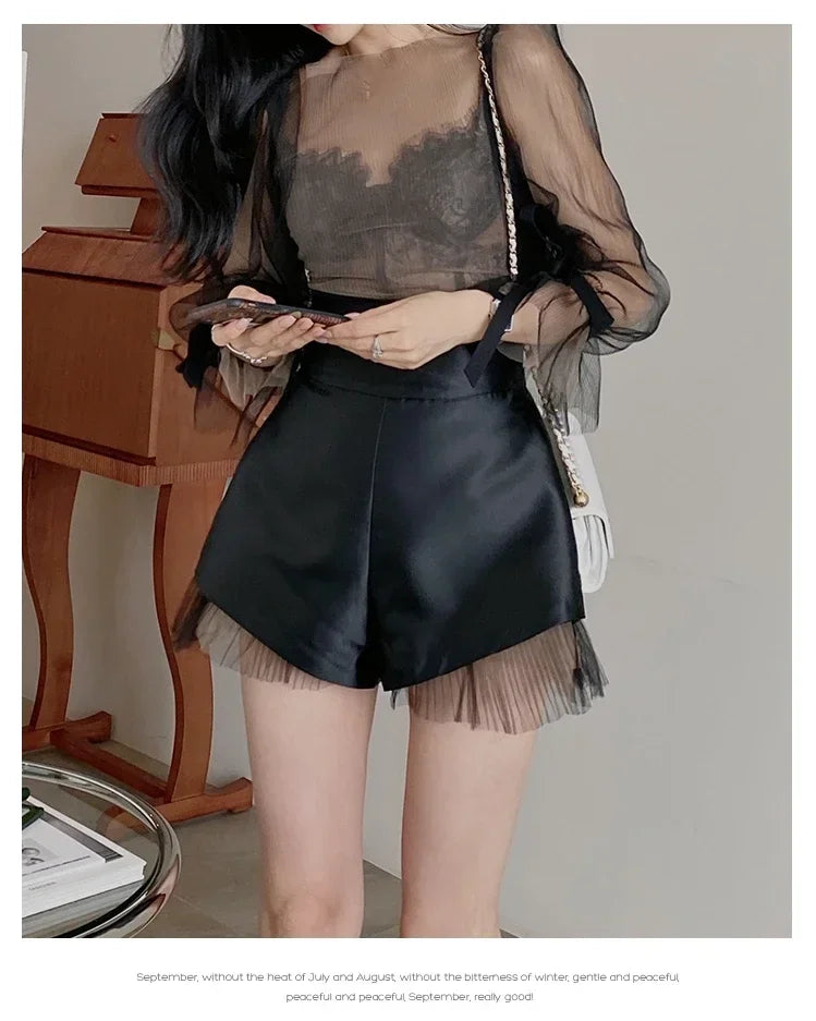 Satin A Line Short’s/High Waist Mesh Patchwork/Wide Leg Slim Suit Short’s/ Zipper Back Elegant Chic Design Solid Office Lady.