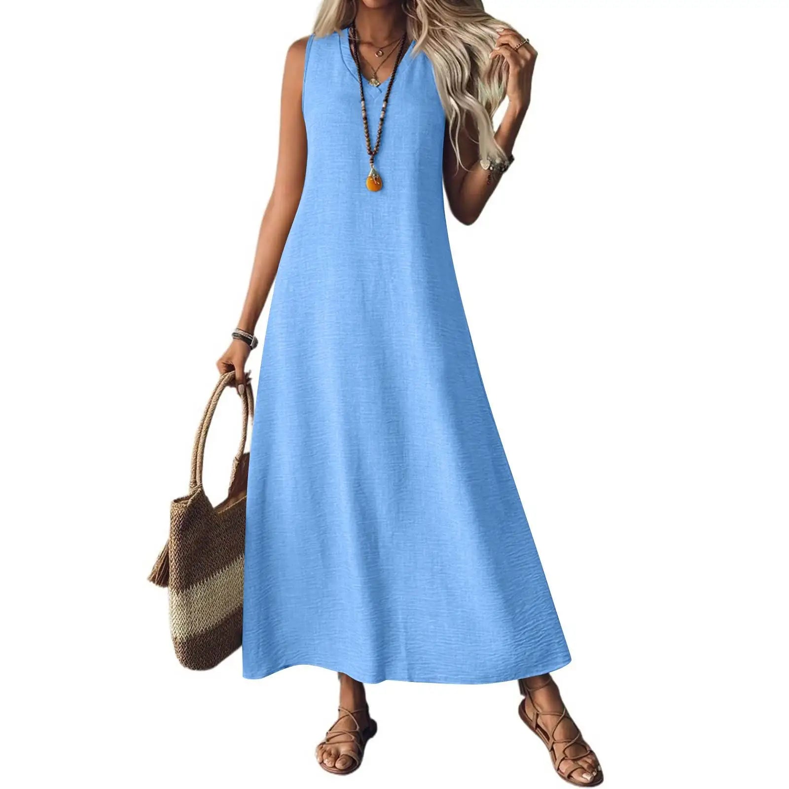 Trendy Solid V-Neck Loose Dress/Sleeveless V Neck Pullover Dresses/Holiday Beach Skirt Robe.