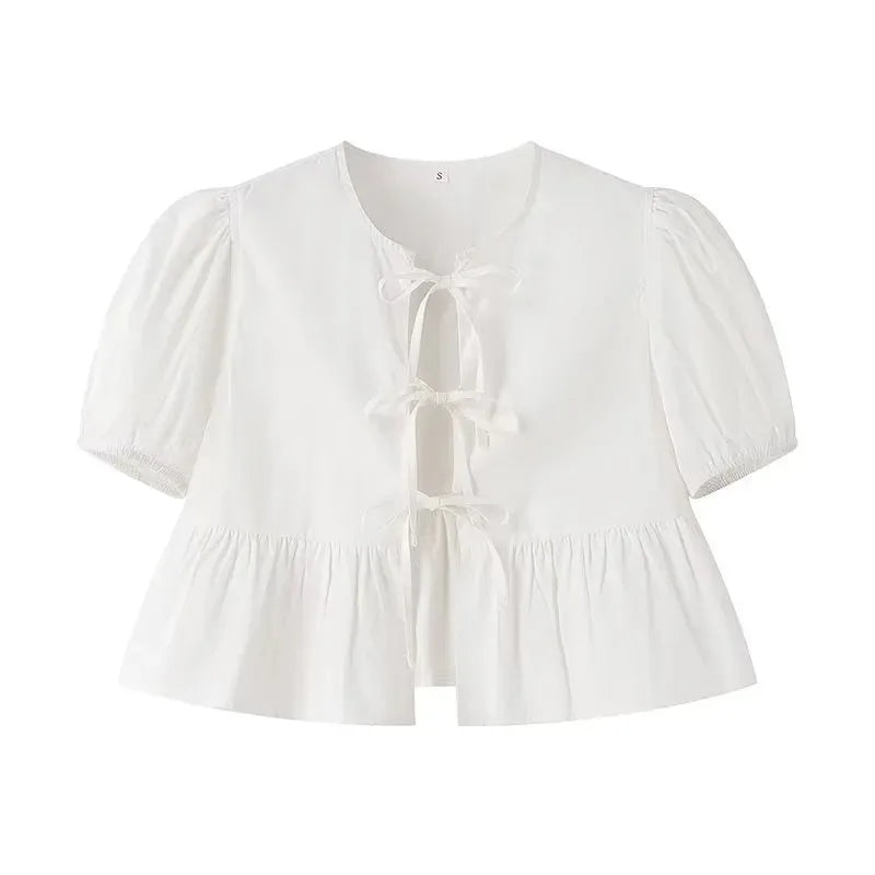 Styled Puff Up Sleeved Ruffle Blouses/Ruffle Ruched Crop Top Female/Polyester Half Sleeve Bow Tie.
