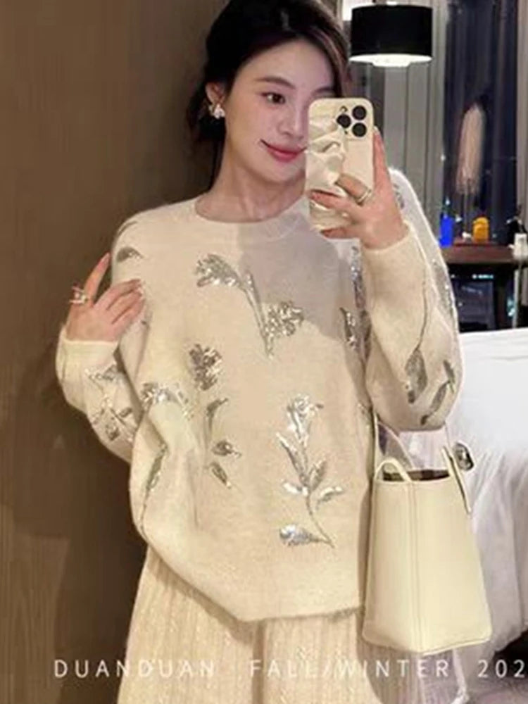 Stylish Loose Sequined Sweater/O~Neck Silver Floral Sweater/Long Sleeve Elegant Knitted Tops Pullovers Jumpers Pull Over.