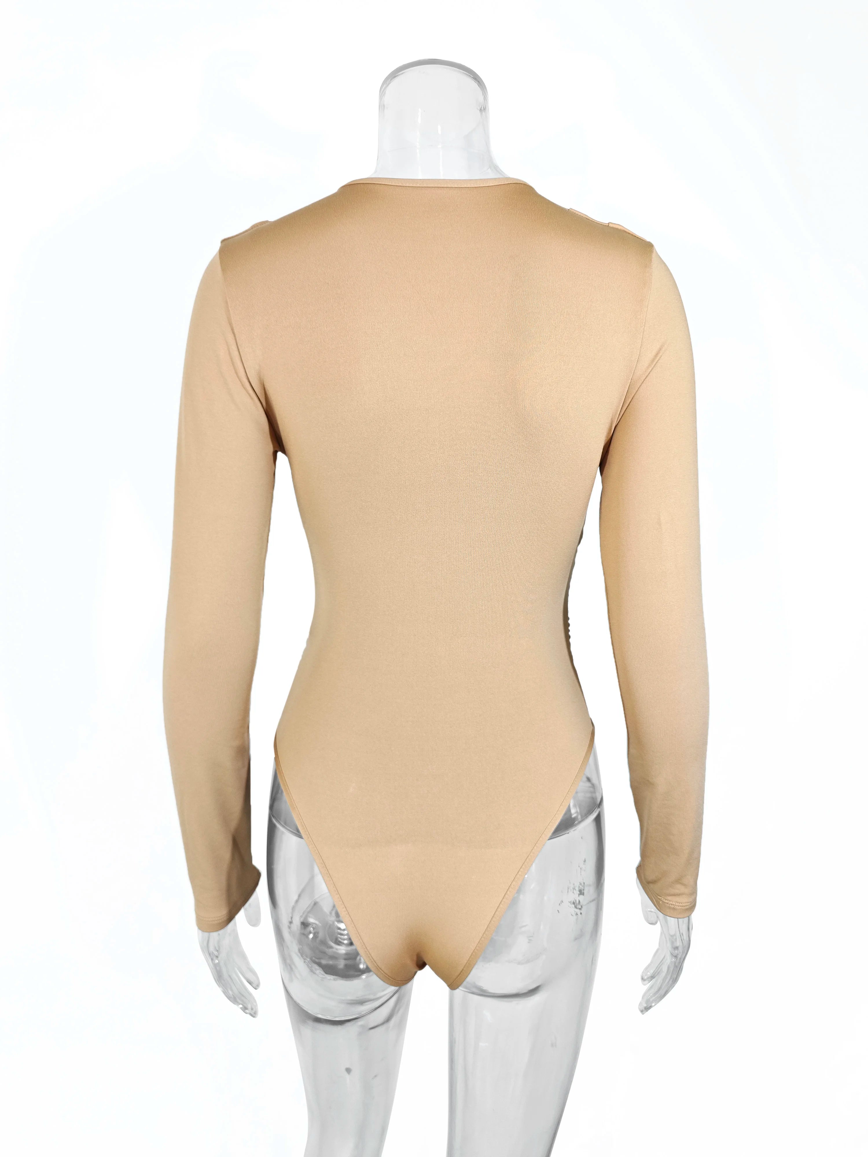 Modern Blend Boutique Deep V Wrap Bodysuit – Elegant Long Sleeve Buckle Waist Slim Fit Bodysuit for Women