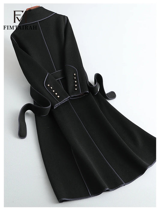 Women’s 100% Merino Wool Long Wrap Coat – Luxury Double-Breasted Style, Wide Lapel Collar, Belted Waist, Elegant Winter Outerwear