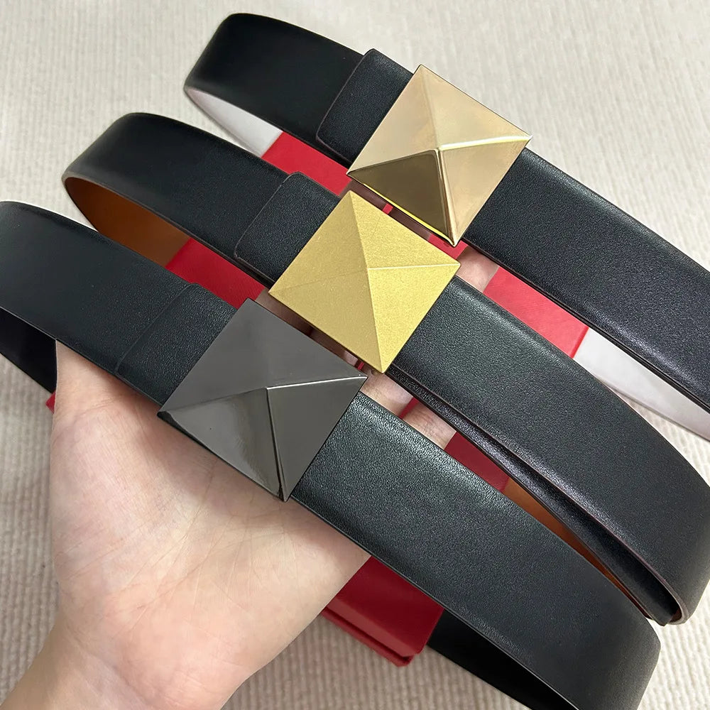 Luxury Brown Leather Belt with Gold Geometric Buckle | Women’s Statement Waist Belt