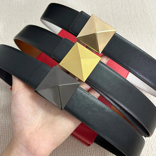 Luxury Brown Leather Belt with Gold Geometric Buckle | Women’s Statement Waist Belt