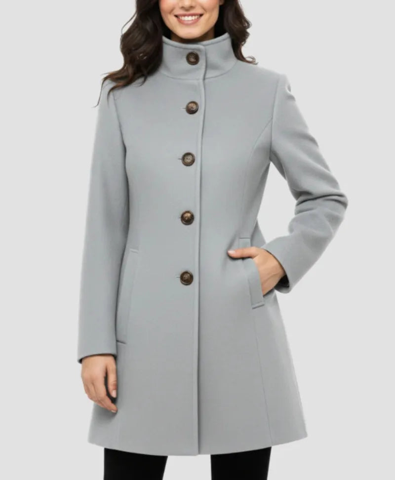 Women’s Wool-Look Tailored A-Line Coat | Stand Collar, Button Front, Slim Fit – Fall/Winter (Copy)