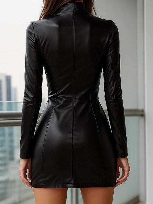 Black Faux Leather Zip-Front Bodycon Dress with High Neck & Long Sleeves