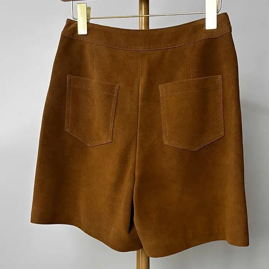 Sheepskin Real Suede Leather Shorts for Women – Genuine Leather Slimming Straight-Leg Mid-Waist Trousers in Coffee Brown | Fall Fashion
