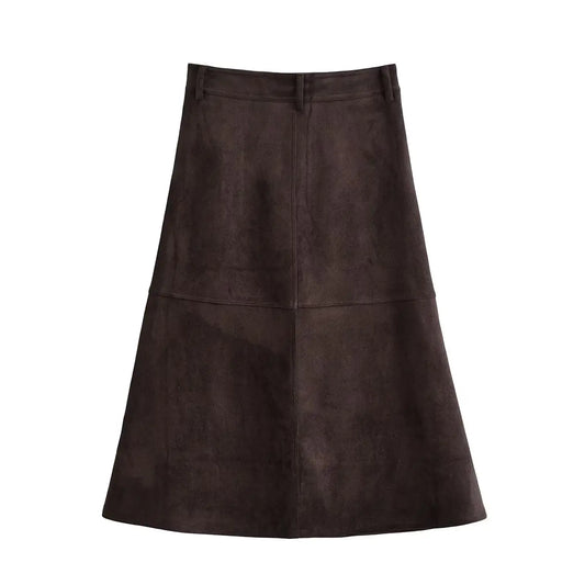 Ladies Coffee Suede Textured Midi Skirt – High-Waisted A-Line Elegant Casual Commuter Skirt