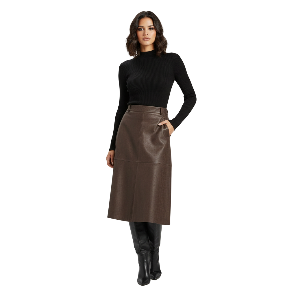 Coffee Suede Textured Half Skirt/Female High Waisted A-Line Fashion Midi Half Skirt.