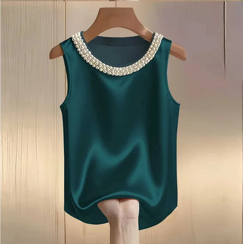 Elegant Satin Sleeveless Blouse with Pearl Beaded Neckline – Luxury Loose Fit Summer Top for Women | Modern Blend Boutique