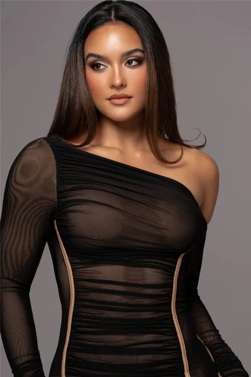 Diagonal Collar Long Sleeve Midi Dress For Women Two Layer Mesh Backless Ruched Bodycon Club Party Sexy Long Dress