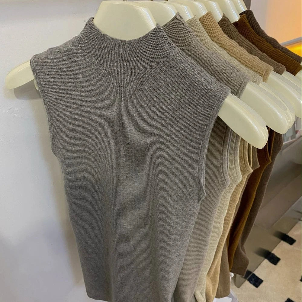 Knitted turtleneck sweater/Women Half High Collar Fashion/Autumn Basic Slim Sleeveless Sweaters/All-match Ulzzang Leisure Knitting. Popular Slightly Stretch.