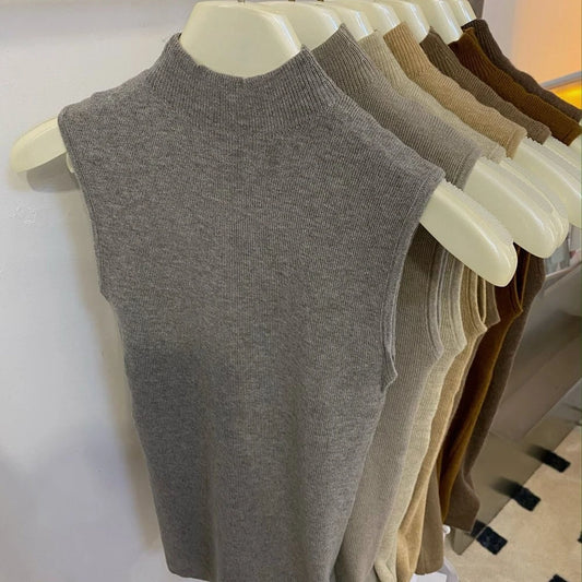 Knitted turtleneck sweater/Women Half High Collar Fashion/Autumn Basic Slim Sleeveless Sweaters/All-match Ulzzang Leisure Knitting. Popular Slightly Stretch.
