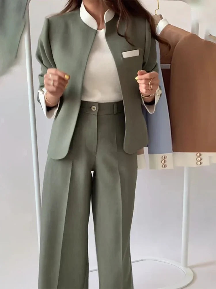 Autumn Pants Set’s/Two Piece Suit Elegant Women Blazer/Cardigan Stand Collar Coat Straight Two Piece Sets Womens Outifits.