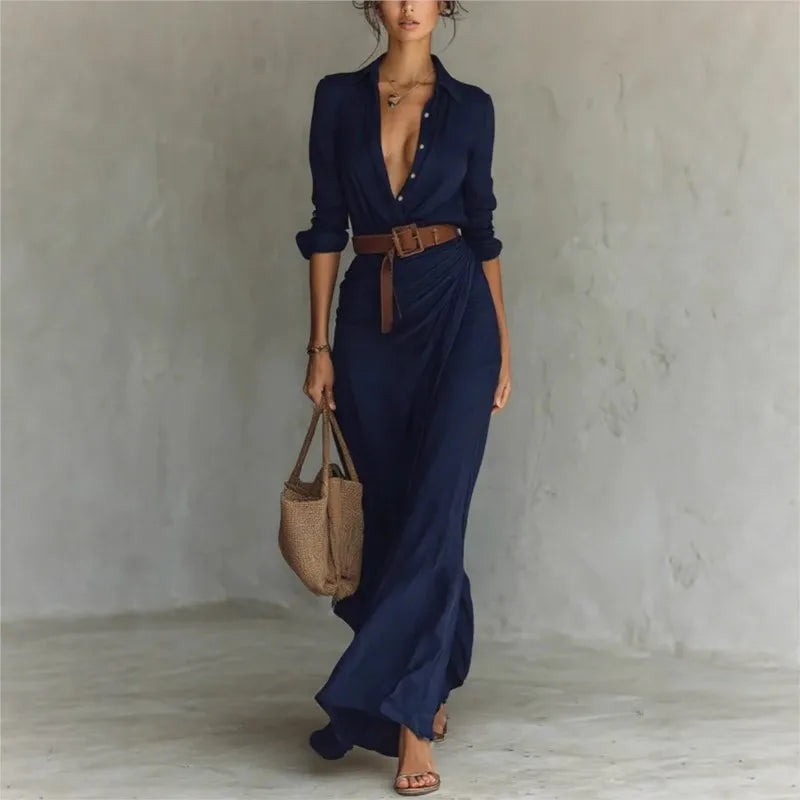 Fashionable Solid Elegant Dress/Lapel Button Draped Dress/Long Dress Casual Long Sleeve Match With Belt Shirt.