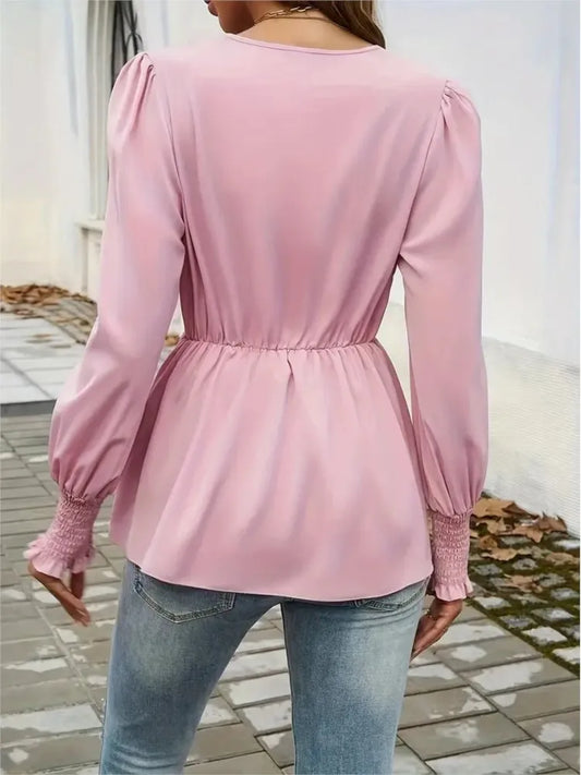 Elegant V-neck Lace Up Waist Cinching Autumn Women's Clothing New Casual Loose Solid Color Pullover Shirt.