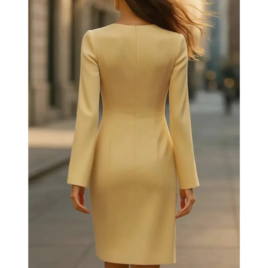 Autumn Solid Color Long-sleeved Dress/V~Neck Dress/Chemical Fiber/ Button Suit Dress/Elegant Event Look.