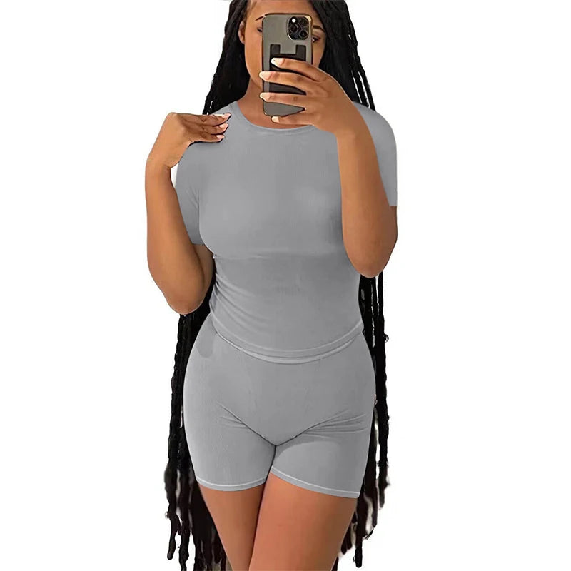 Casual Workout Day/Two Piece Outfit/Fitted Crew Neck/T~shirt/High Waist Pant’s/Matching Sets Streetwear.