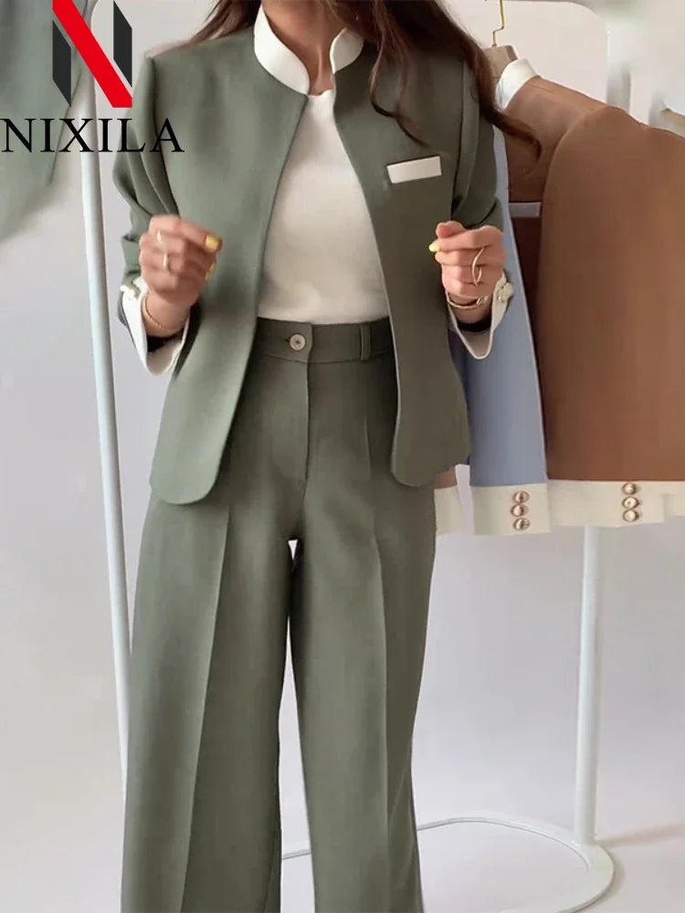 Autumn Pants Set’s/Two Piece Suit Elegant Women Blazer/Cardigan Stand Collar Coat Straight Two Piece Sets Womens Outifits.