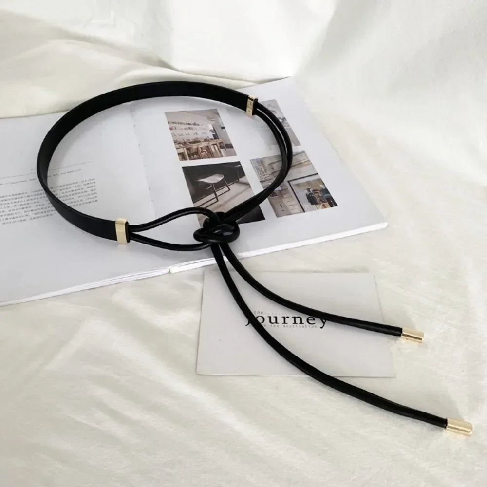 Fashioned Non-Hole Knot Belt/Style Belts PU Leather/Solid Color/Thin Lace-up Waist Strapped.