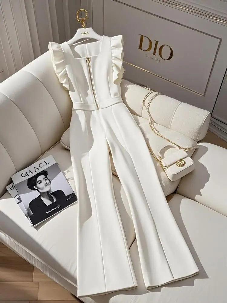 Ruffled Pleated Jumpsuit/Wide Leg Pant’s/High-Quality Drapey/Square Neck Style/White Overalls for Women.