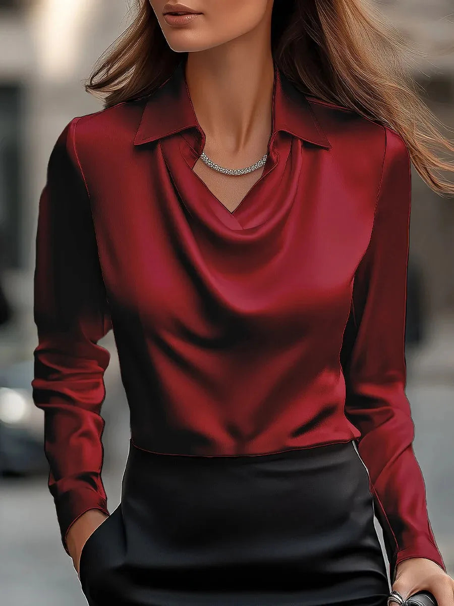 Stand Out Reflected Solid Blouse/Full Sleeve Swing Collar Pullover/Temperament Printing Simple Shirt Office Lady Elegant/Stunning.
