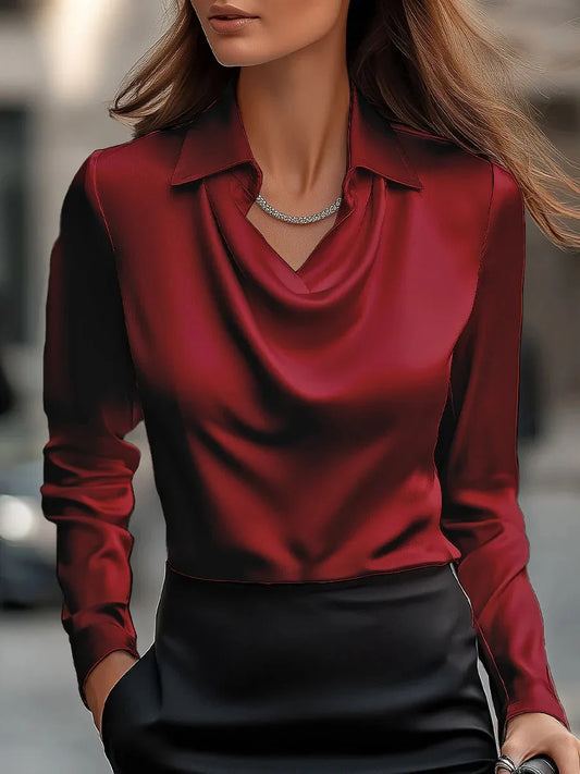 Stand Out Reflected Solid Blouse/Full Sleeve Swing Collar Pullover/Temperament Printing Simple Shirt Office Lady Elegant/Stunning.
