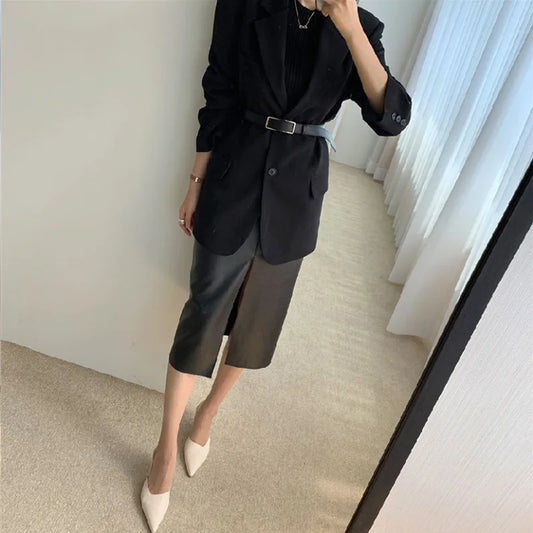 Modern Blend Boutique Women’s High-Waisted Faux Leather Midi Pencil Skirt – Elegant Front Slit, Slim Fit PU Leather Skirt, Timeless Chic Office & Evening Wear