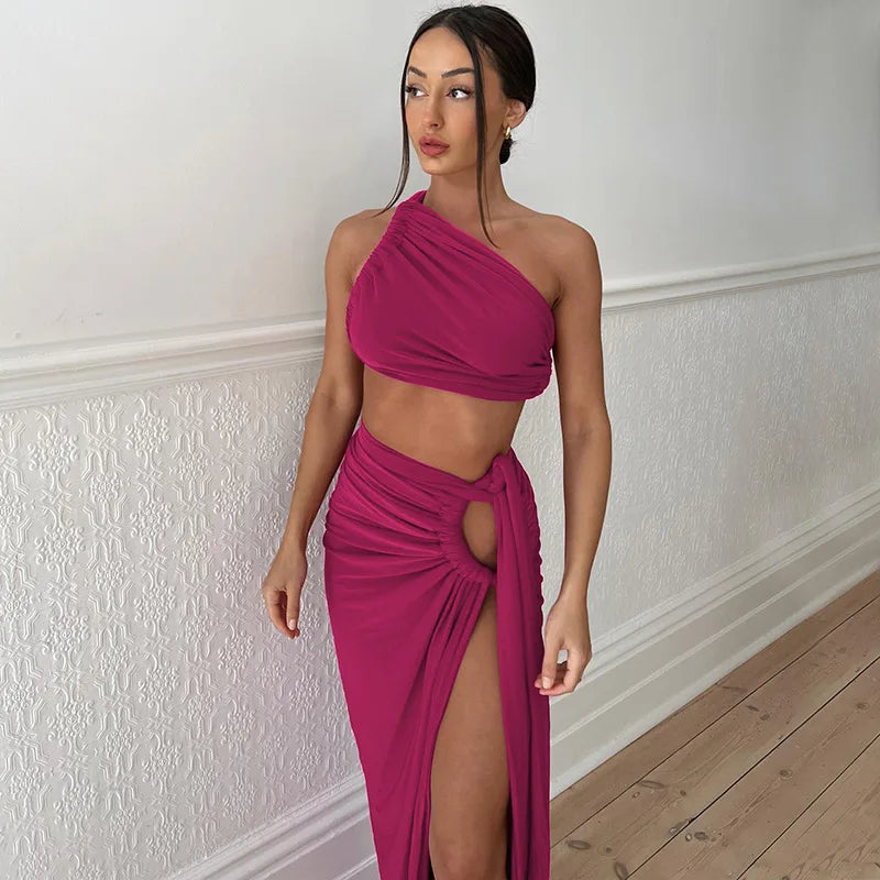 Luxury One-Shoulder Ruched Skirt Set – Elegant Backless Crop Top & High Slit Maxi Skirt Two-Piece Ensemble