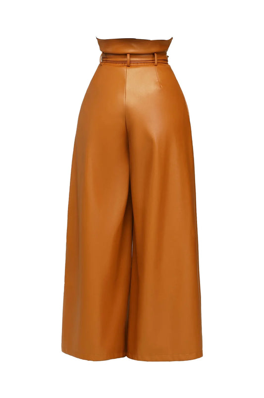 High-Waist Faux Leather Wide-Leg Pants with Belt – Elegant Statement Trousers