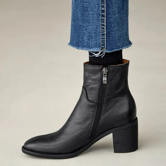 Women’s Genuine Leather Ankle Boots | Vintage European-Inspired Round Toe Booties, Side Zipper, Block Heel, Classic British Style