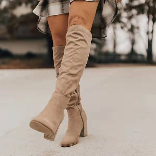 Women’s Knee-High Suede-Look Boots – Elegant Chunky Block Heel, Side-Zip Tall Boots, Fall & Winter