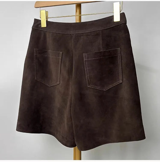 Sheepskin Real Suede Leather Shorts for Women – Genuine Leather Slimming Straight-Leg Mid-Waist Trousers in Coffee Brown | Fall Fashion