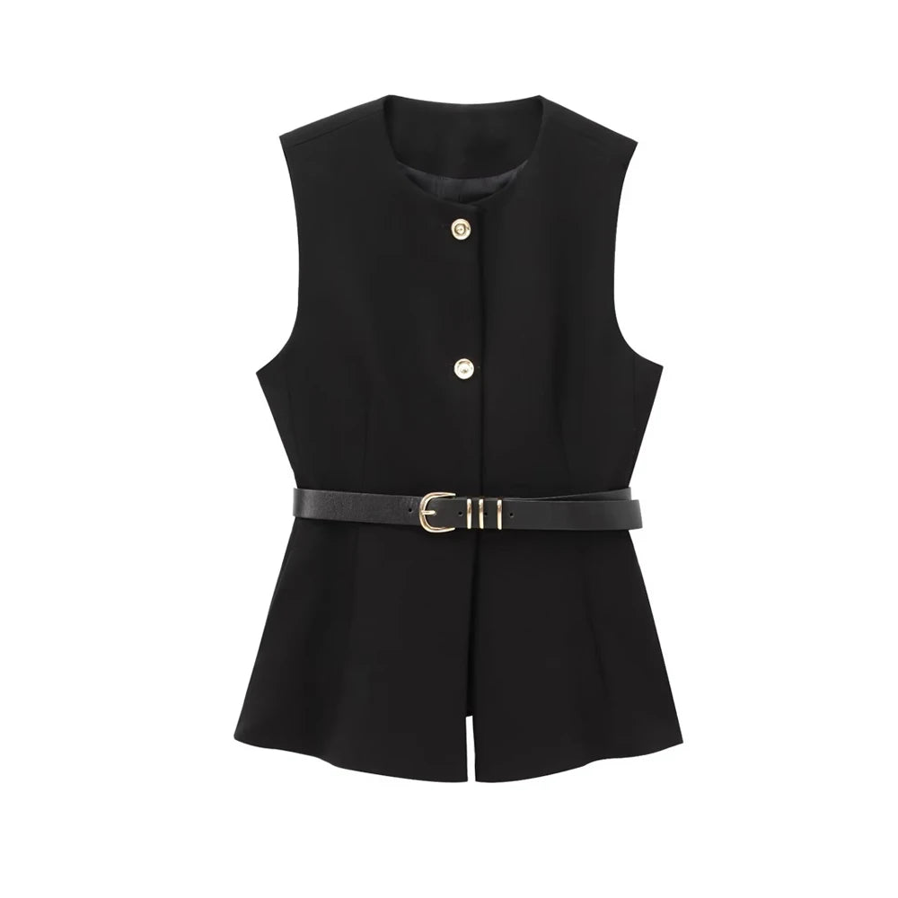 Commense Button Detail/TRZA-Women's Long Waistcoat with Belt, Front Gold Button/Fashion. Women Fashion Vintage Vest/Sleeveless Front Button Female Vest Tops With Belt