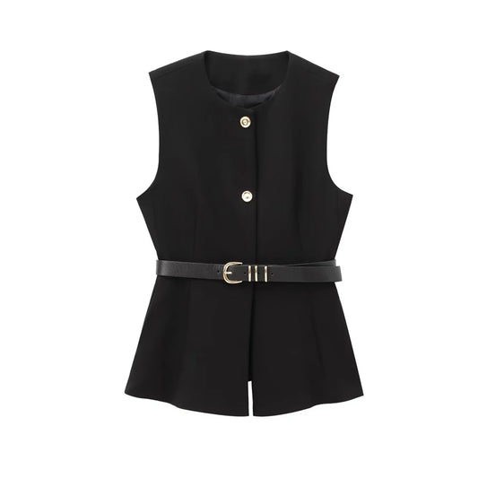 Commense Button Detail/TRZA-Women's Long Waistcoat with Belt, Front Gold Button/Fashion. Women Fashion Vintage Vest/Sleeveless Front Button Female Vest Tops With Belt