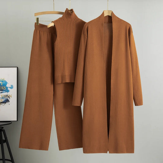 Women’s 3-Piece Knit Cardigan Set | Long Open-Front Coat, Sleeveless Turtleneck Top & Wide-Leg Pants | Fall Winter Lounge & Office Outfit
