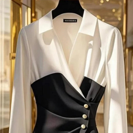 Black & White Color Block Wrap Blouse for Women | Luxury Asymmetrical Button Top