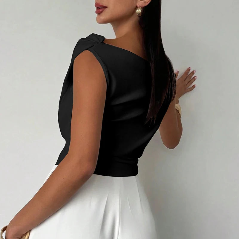 Fashion Simple Office Tops Female Slash Neck Sleeveless T-shirts For Women Elegant Summer Women Shirt White Black