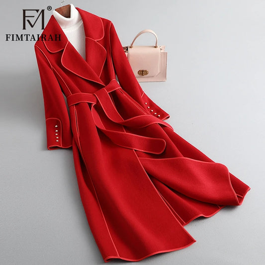 Women’s 100% Merino Wool Long Wrap Coat – Luxury Double-Breasted Style, Wide Lapel Collar, Belted Waist, Elegant Winter Outerwear