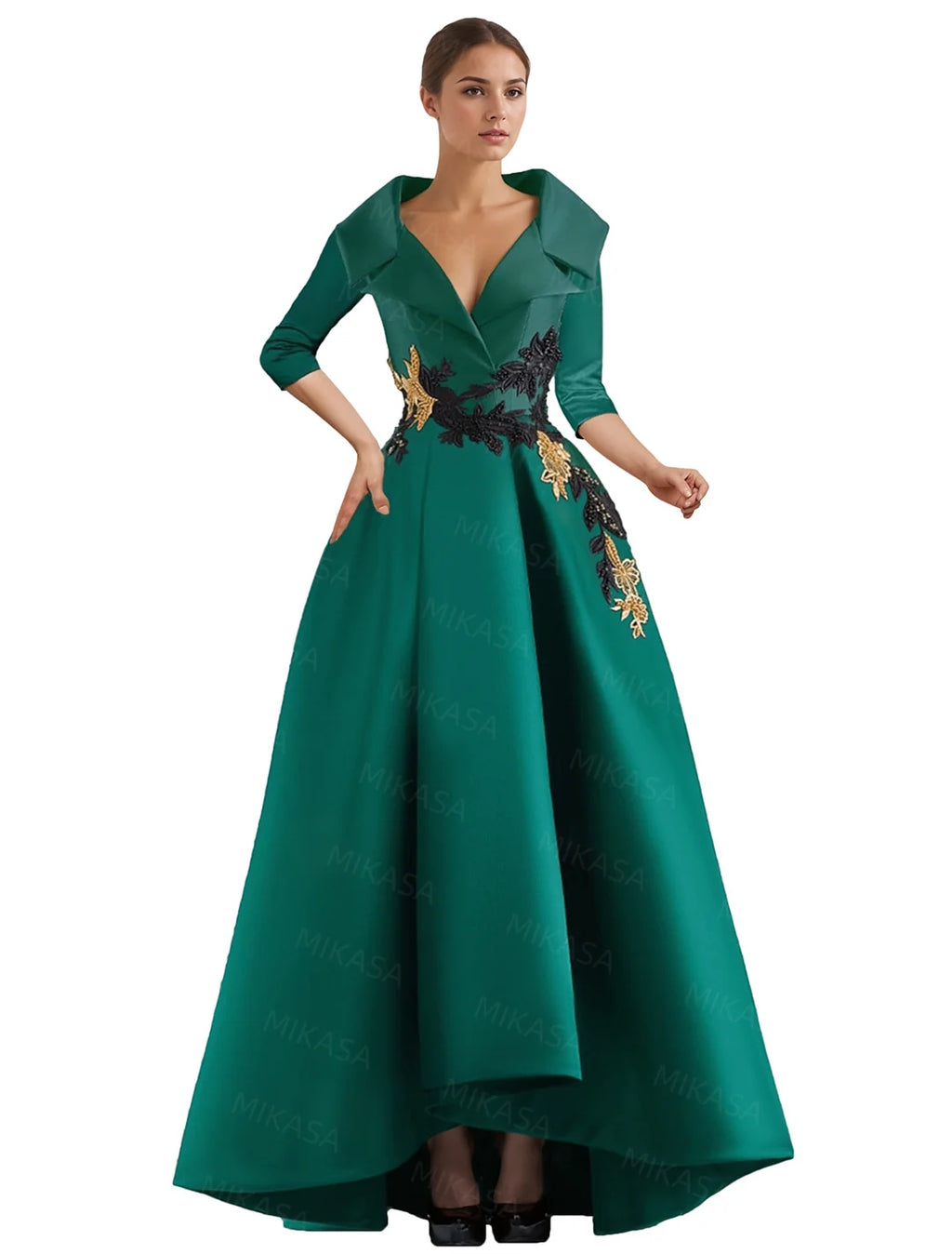 Elegant A Line Vintage Gown/Modern Three Quarter Sleeves V~Neck Dress/Party Gowns With Appliqué’s/Pockets Irregular Ruffles.