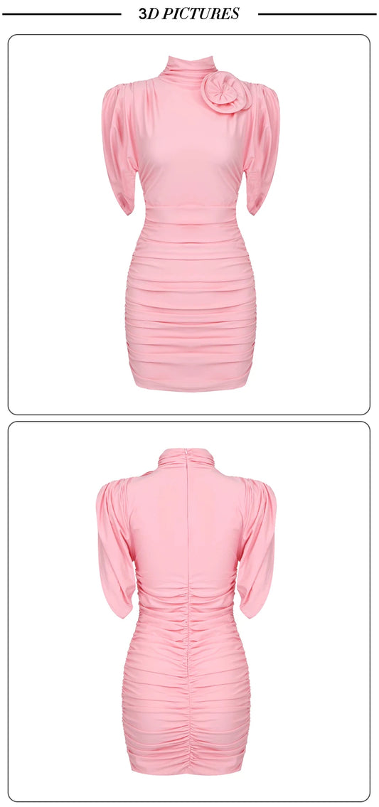 VC Pink Floral Draped Mini Dress – Chic Short Sleeve Dress for Women VC Pink Sheath Dress.