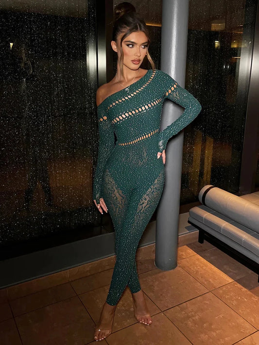 Shiny Off Shoulder Sexy Mesh/Long Sleeved Jumpsuit’s/Sibybo Women Fashion Rhinestones/High Stretch Hollow Out Sexy Overalls Sparkly Party Rompers.