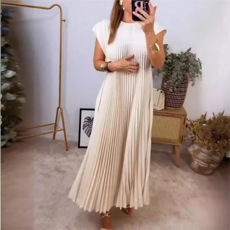 Solid Vintage Loose Pullover/High Waist Dress/Large Hem Long Dress/Fashionable Round Neck Sleeveless Pleated  Mid Calf Women's Dress Femme.