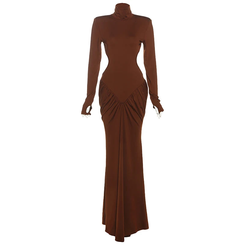 Luxurious Pullover Puss Dress/Backless Maxi Dress/Women Shoulder Pad’s/Long Sleeve Waistless/Peach Buttocks/Ruched Elegant Banquet/Ruffle Designed.