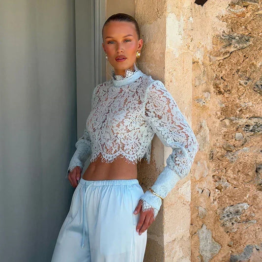 Timeless Lace Two-Piece Set | Elegant Cropped Lace Top & Wide-Leg Pants