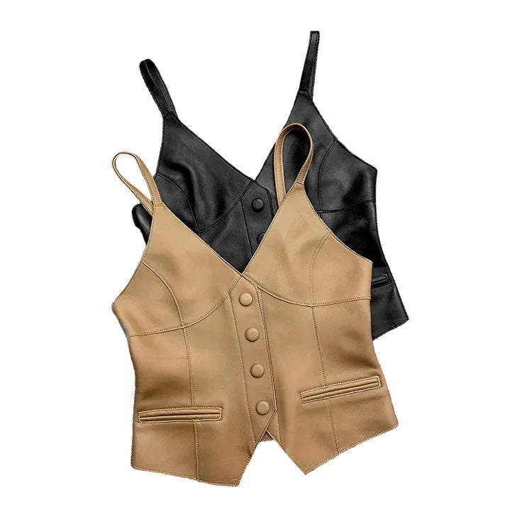 Luxury Genuine Sheepskin Leather Vest for Women – Tailored V-Neck Button Front Streetwear Top (Black, Camel, Green, Purple, Orange, Khaki)