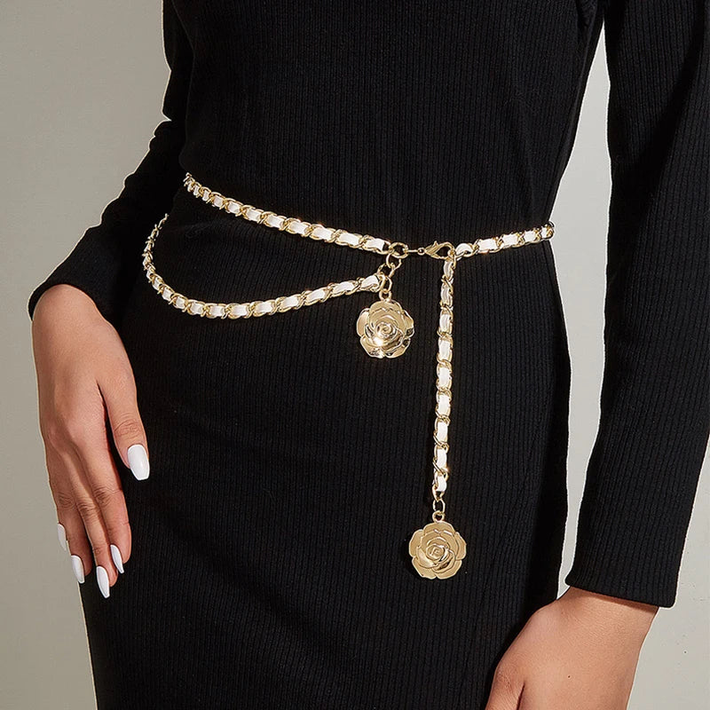 Luxury Quality Metal Waist Chain Belts/Women Round Flower Pendant Chain Strap Rope  Fine For a Waistband Dress.