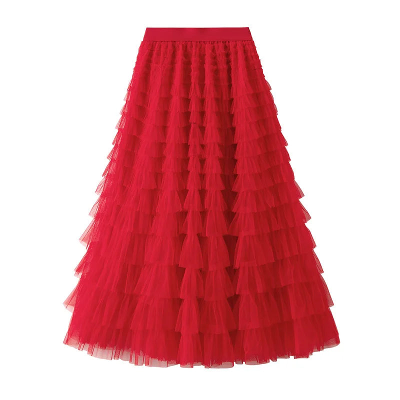 Elegant Layered Mesh Skirt For Women/High-Waisted Puff Skirt/Dropped A~Line/Appliqués Decorative Loose Fitted Skirt.